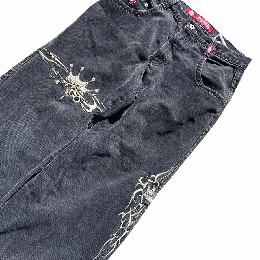 streetwear JNCO Jeans Rétro Hip Hop Graphique Brodé Baggy Jeans Pantalon Noir Hommes Femmes Gothique Taille Haute Pantalon Large A9MD #