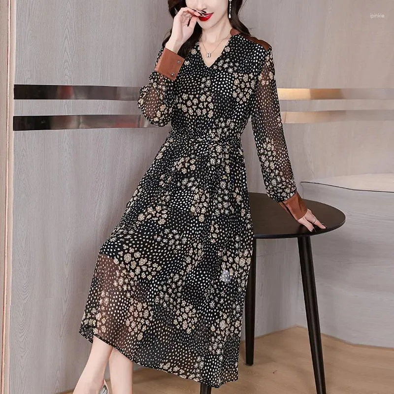 Casual Dresses Women's Fall Floral Print V Neck Long Sleeve A-Line Midi Dress Women Elegant Party Vestidos 2024