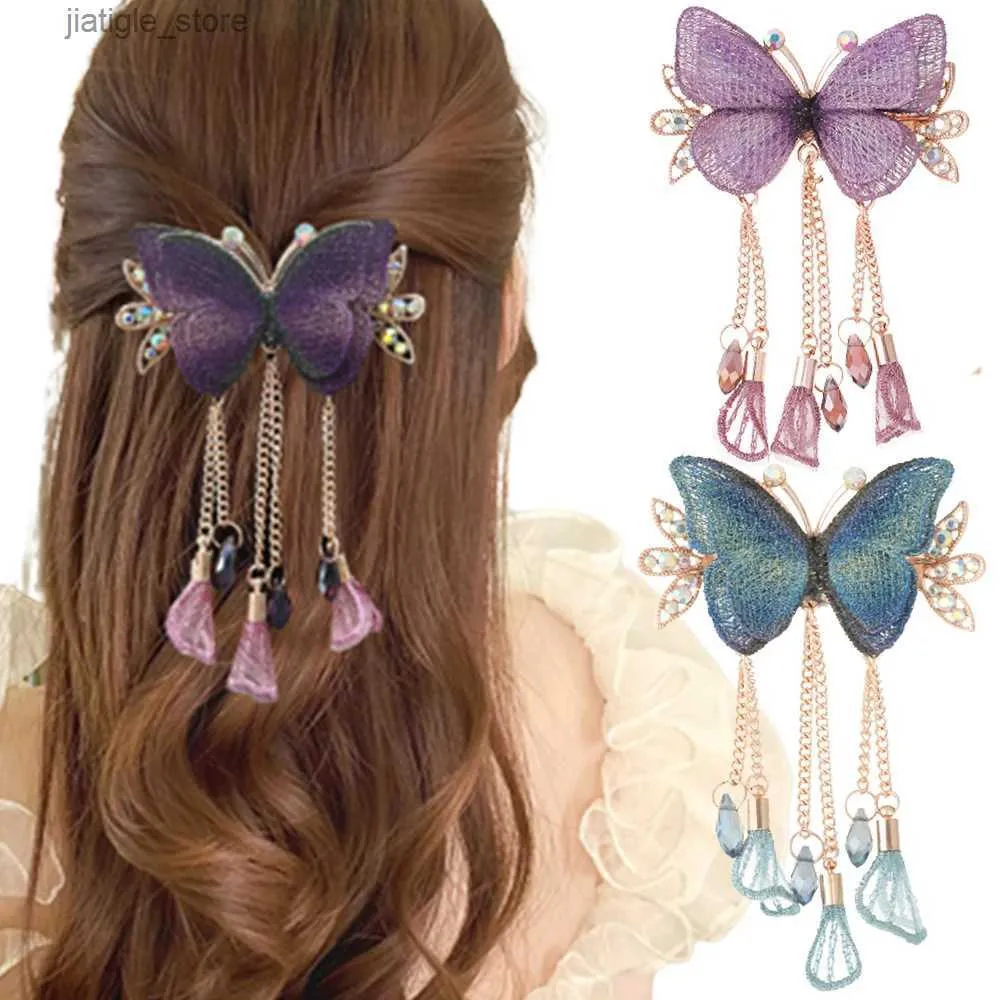 Hårklämmor Butterfly Tassel Hair Clip Girls Ponytail Hairpin Fashion Hårtillbehör för kvinnor Söta klor Crystal Barrette Huvudbonad Y240329