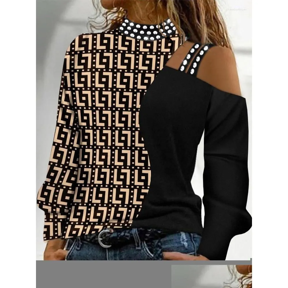 Kadın T-Shirt Kadın Tişörtleri Moda Kadın Top 2022 Y2K Giysileri Rhinestone Geometrik Baskı Soğuk Shoder Siparişlerim Sıradan Ropa Mujer Dhrdm