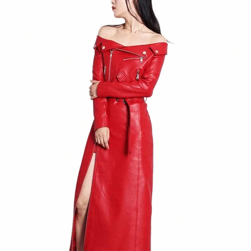 Nerazzurri Spring Autumn Maxi Dres for Women Sl Neck Red Black Pu Leather Dr Women LG Sleeve Runway Elegant Dr Y2LS#