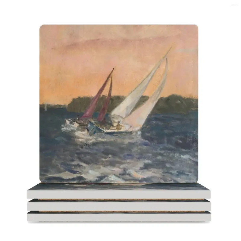 Tapis de table Windy Sunset Sailing Dessous de verre en céramique (carré) Porte-gobelet Porte-thé Noir Funny