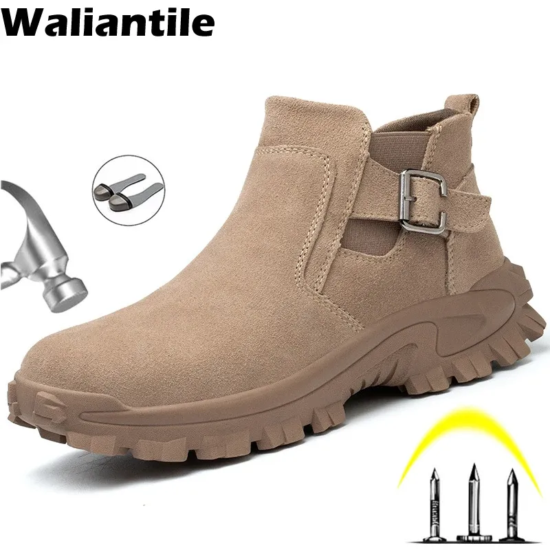 Boots Waliantile Genuine Leather Safety Boots for Men Women Outdoor Nonslip Constuction Work Shoes Steel Antismashing Safety Boots