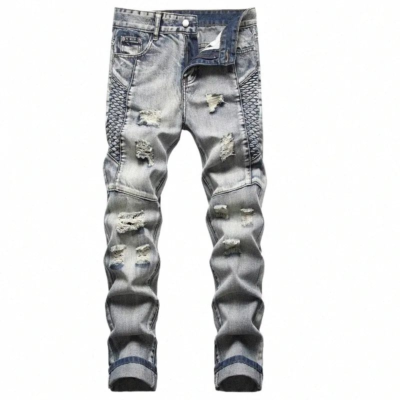 Europeu e americano nostálgico jeans jeans motocicleta buracos rasgados persalized bordado calças fi dos homens r1lf #
