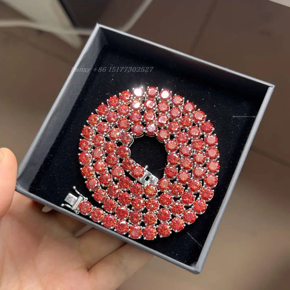 Fashion Women Jewelry 925 Sterling Silver Iced Out Lab Created Colorful Vvs Red Moissanite Diamond Cluster Tennis Chain