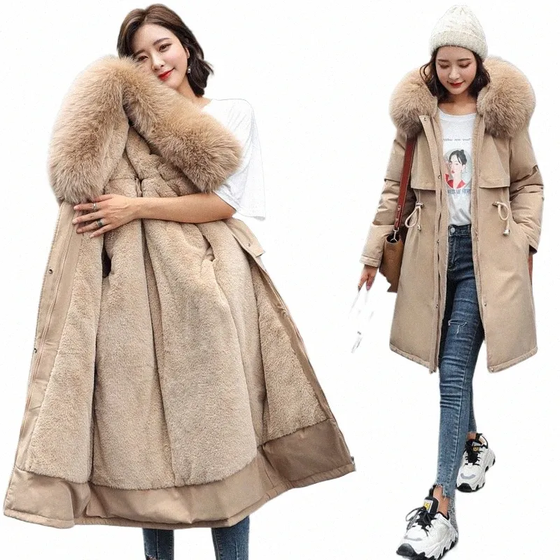 2023 New Winter Loose Women Parka Fi Lg Coat Liner Hooded Parkas Jacket with Fur Collar Warm Snow Wear Padded Outwear T4in#