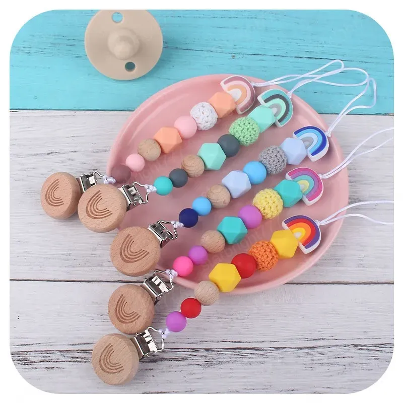 Baby Pacifier Chain Holders Infant Cartoon Beech Rainbow Pacifiers Clips Newborn Feeding Natural Wooden Silicone Beads Teething Teeth Practice Toys