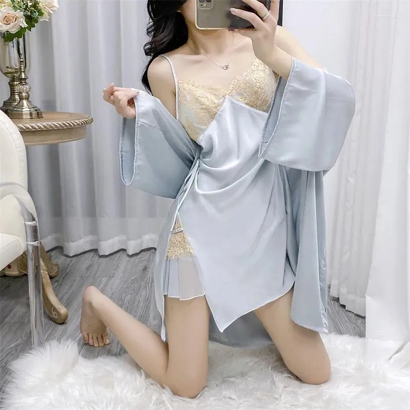 Ev Giyim Yaz Robe Suit Gelin Nightgown İpeksi Rayon Sleepwear Geceleri Kadın Twinset Batak Seti Dantel Kimono Elbise Giysileri