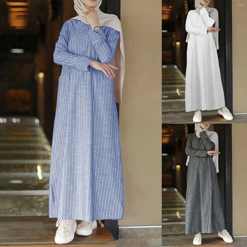 Casual Dresses Vintage Long Sleeve Abayas for Women Dubai 2024 Randig bomullslinne Kvinnaklänning Robe Femme Musulman