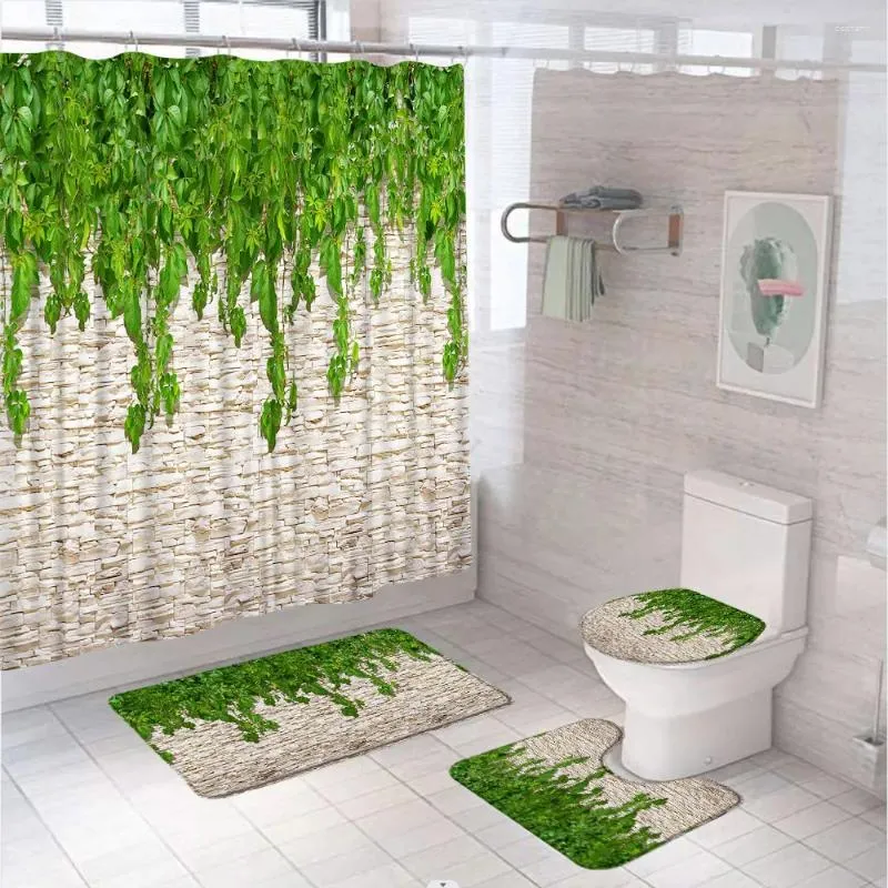 Zasłony prysznicowe Zielony bluszcz i stary kamień ściennej łazienki Zestaw zasłony retro liście nie poślizgowe dywan flanelowy dywan toaletowa
