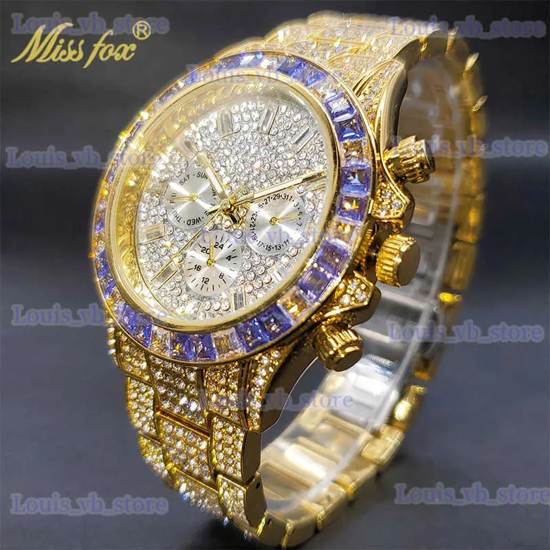 Altri orologi di lusso in oro da uomo impermeabile in acciaio inossidabile braccialetto ghiacciato diamanti viola es per uomo tre quadranti da lavoro orologio sportivo di tendenza T240329