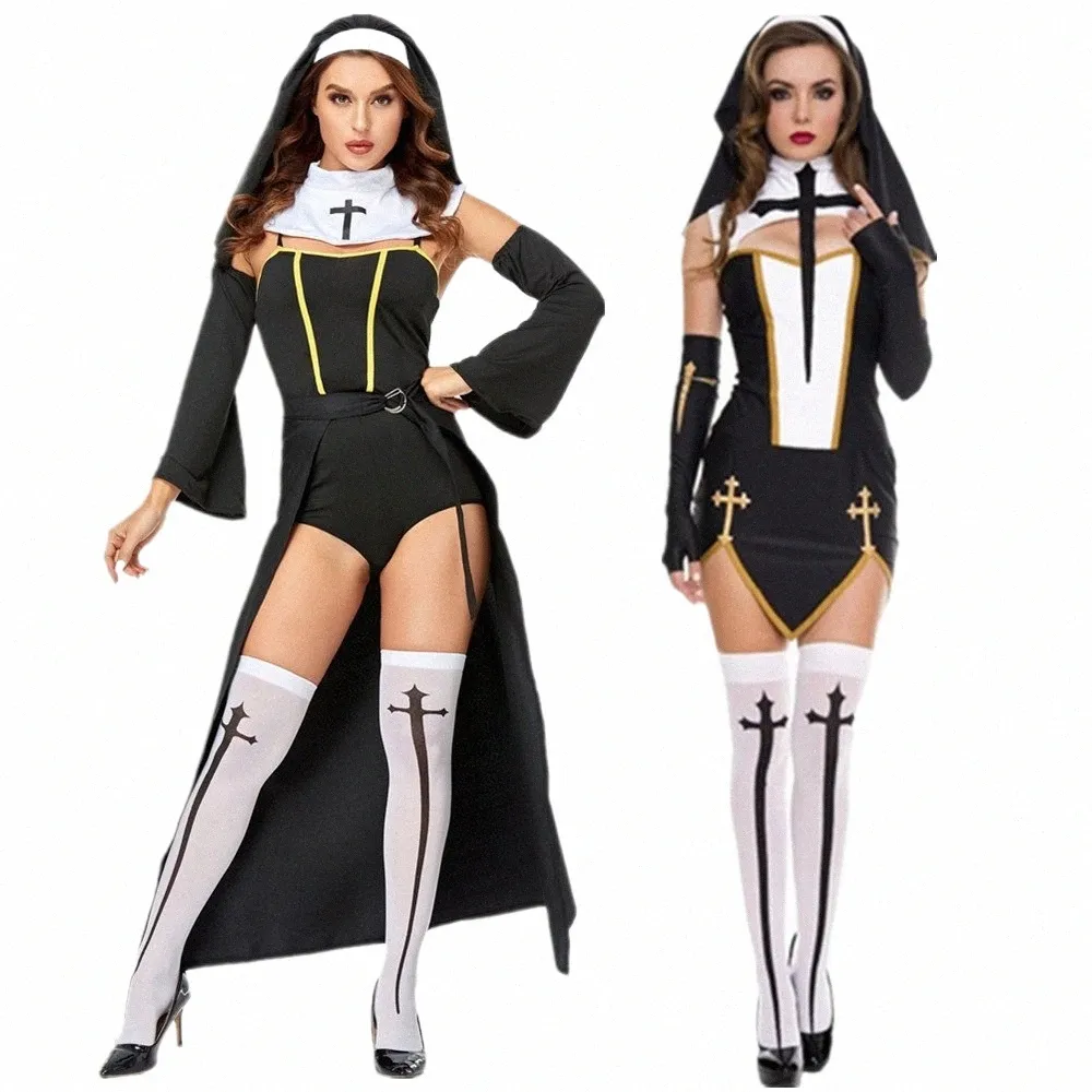 Conjunto completo Sexy Bad Habit Nun Costume Mulheres Exótico Role play Uniforme Adulto Halen Cosplay Irmã Religiosa Fantasia Dr p82v #