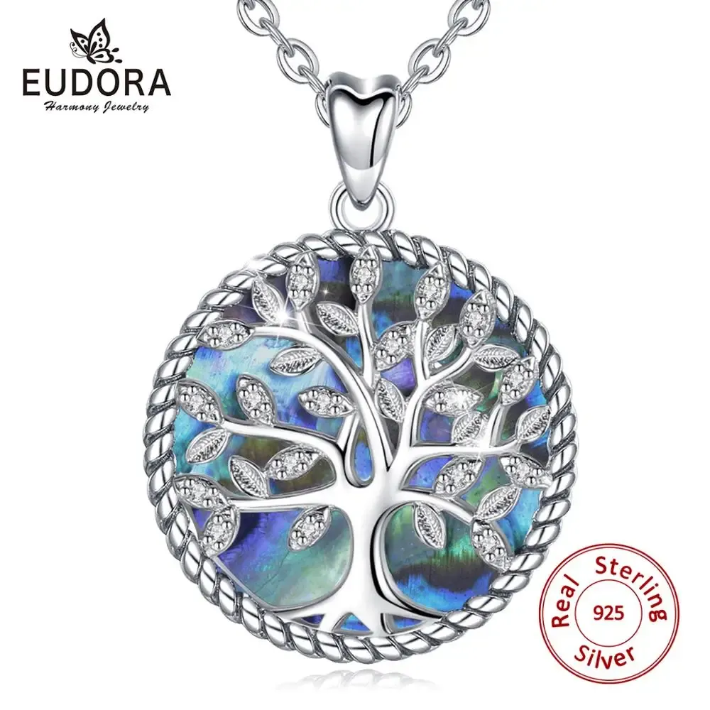 Подвески Eudora 925 Серебряное дерево стерлингового серебряного дерева жизни. Кулон Кристаллический лист Голубой мать жемчужного ожерелья женщин.