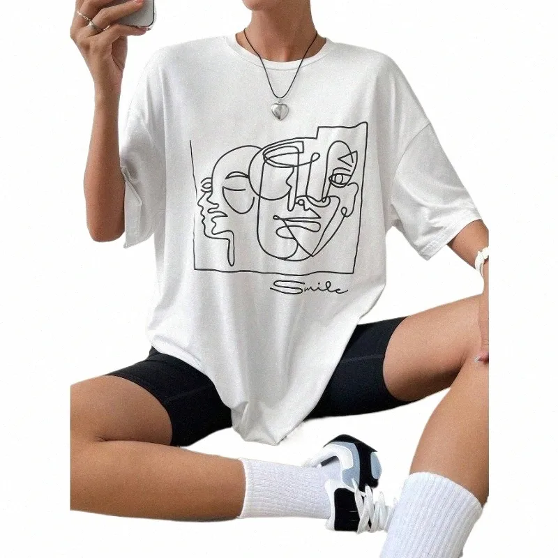 hirsisan abstrakt linje tryckt t -shirt kvinnor rolig grafisk mjuk lös kvinnlig tees Cott Summer Casual Tops Tshirts Plus Size H4YB#