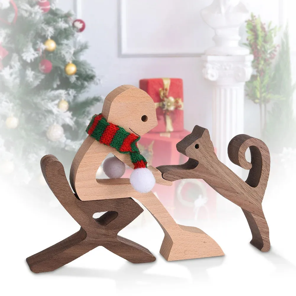 Familie Puppy Houten Hond Ambachtelijk Beeldje Desktop Tafelornament Carving Creatief Thuiskantoor Decoratie Huisdier Sculptuur Kerstcadeau 240325