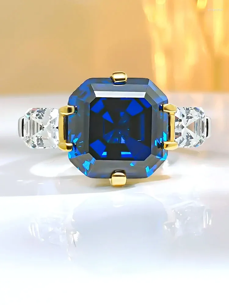 Anéis de cluster elegante 925 prata esterlina artificial azul tesouro anel conjunto com diamante de alto carbono elegante jóias de casamento