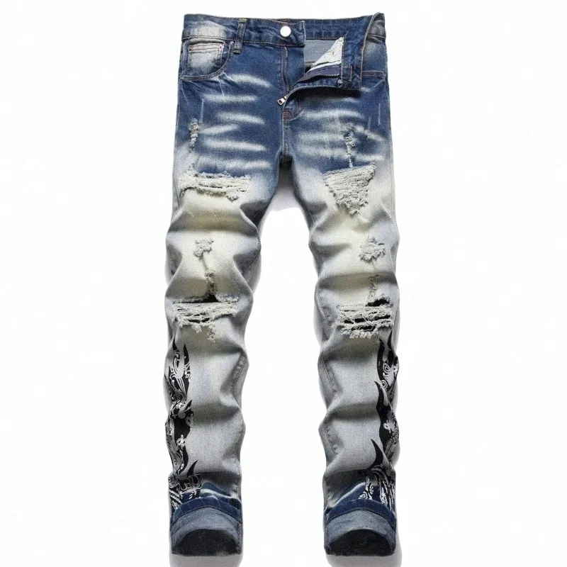men Jeans High Quality Streetwear Ripped Denim Pants Trend Brand Casual Trousers Printed Biker Destroyed Hole Slim Fit Scratched K4xD#