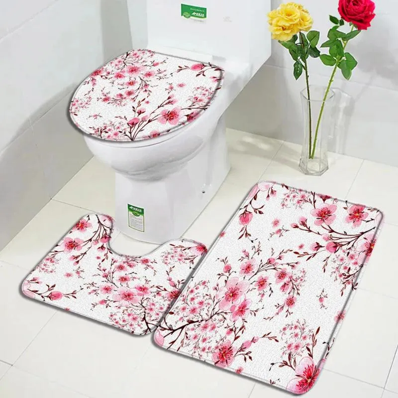 Tapetes de banho Rosa Flor de Cerejeira 3 Pçs / Conjunto Planta Flores Tapete Moderno Impressão Casa Banheiro Decoração Tapete Anti-Slip Toilet Cover Mat