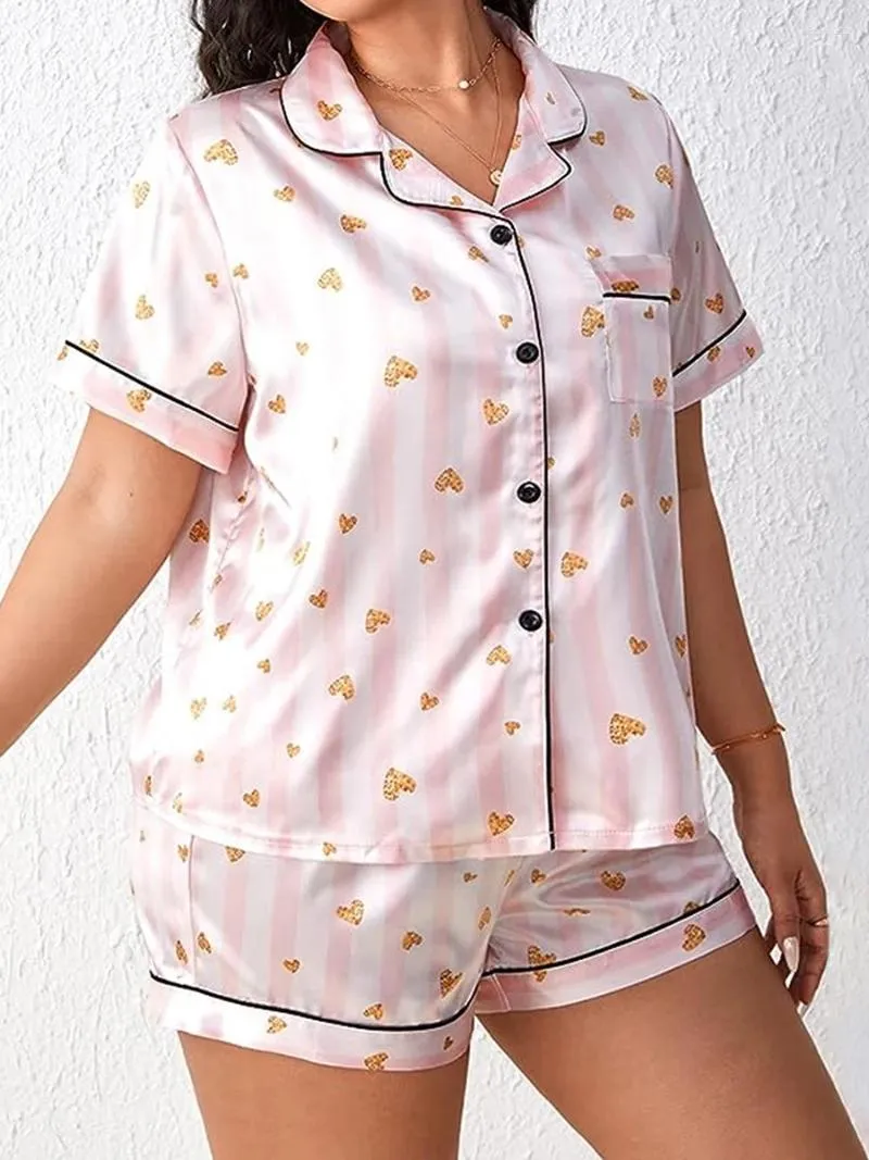 Startseite Kleidung Damen Satin-Pyjama-Set Kurzarm-Button-Down-Oberteile Shorts 2-teilige Nachtwäsche Loungewear