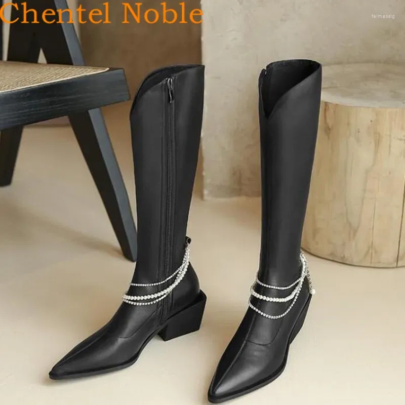 Bottes Marque Chentel Automne Bout Pointu En Cuir Perle Chaîne Femmes Cool Chevalier Côté Zip Zapatos De Mujer Noir Blanc Dames