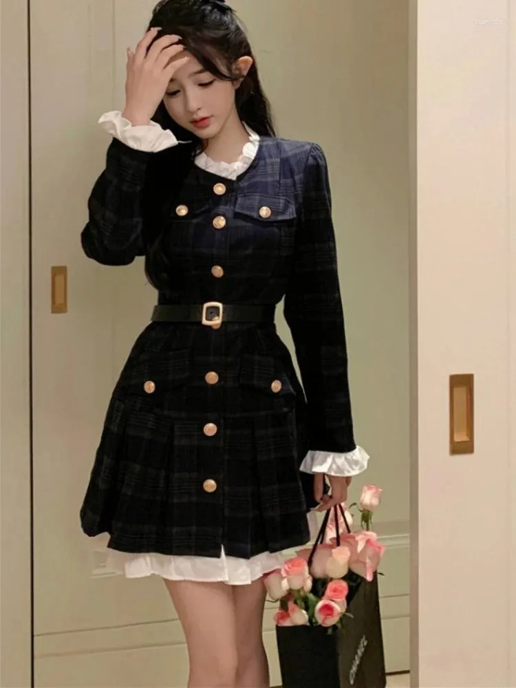 Vestidos casuais francês vintage outono mulheres moda coreana elegante festa mini vestido feminino manga longa doce uma peça 2024