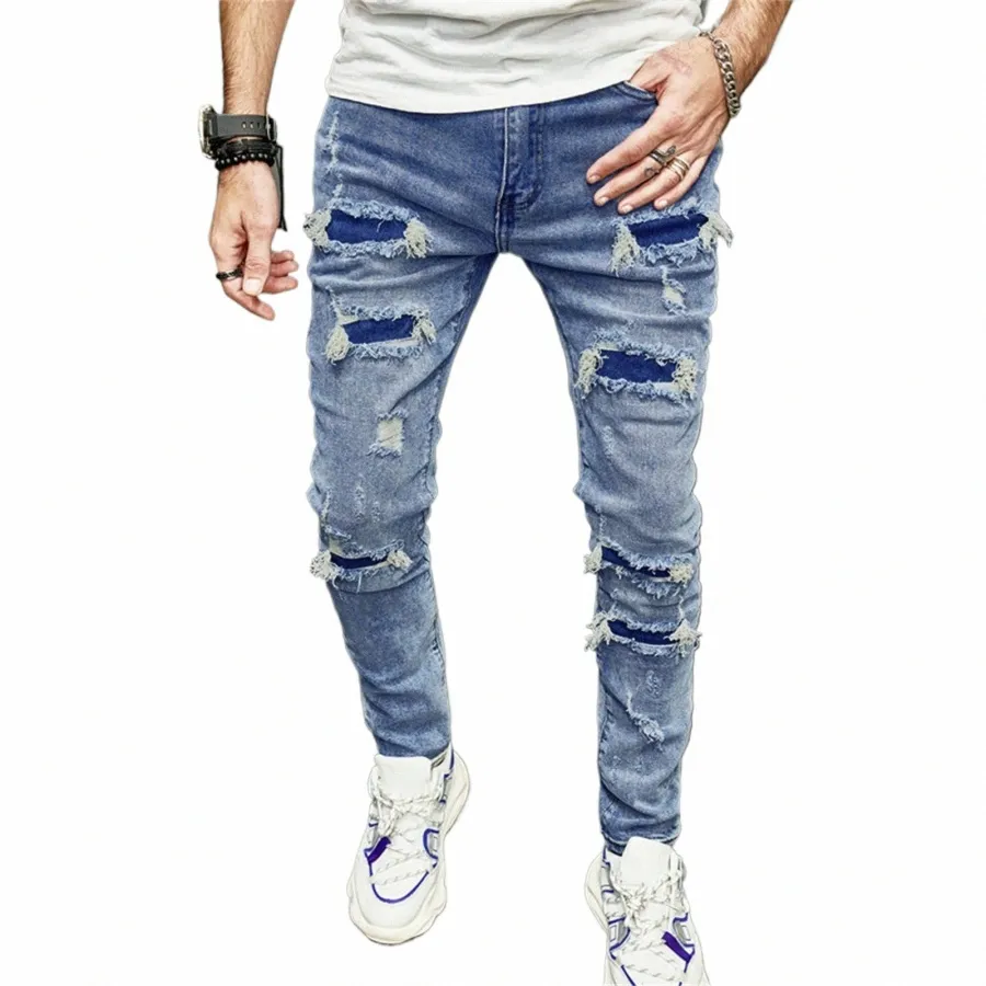 Hommes Skinny Ripped Jeans Pantalons Homme Y2K Hip Hop Trous Slim Jeans déchirés Casual Vintage Blue Denim Pantalons pour hommes Vêtements 58sy #