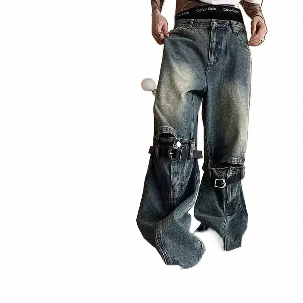 Hiphop Gat Jeans Mannen Vrouwen Vintage Gradiënt Rechte Denim Broek Wed Distred Riem Trim Broek Straat Baggy Flared Pant o3di #