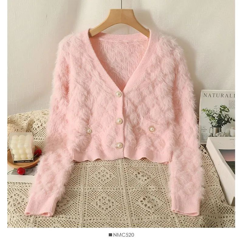 Pearl Button Pink Shaggy Cardigan Blue Mohair Cardigan Women's