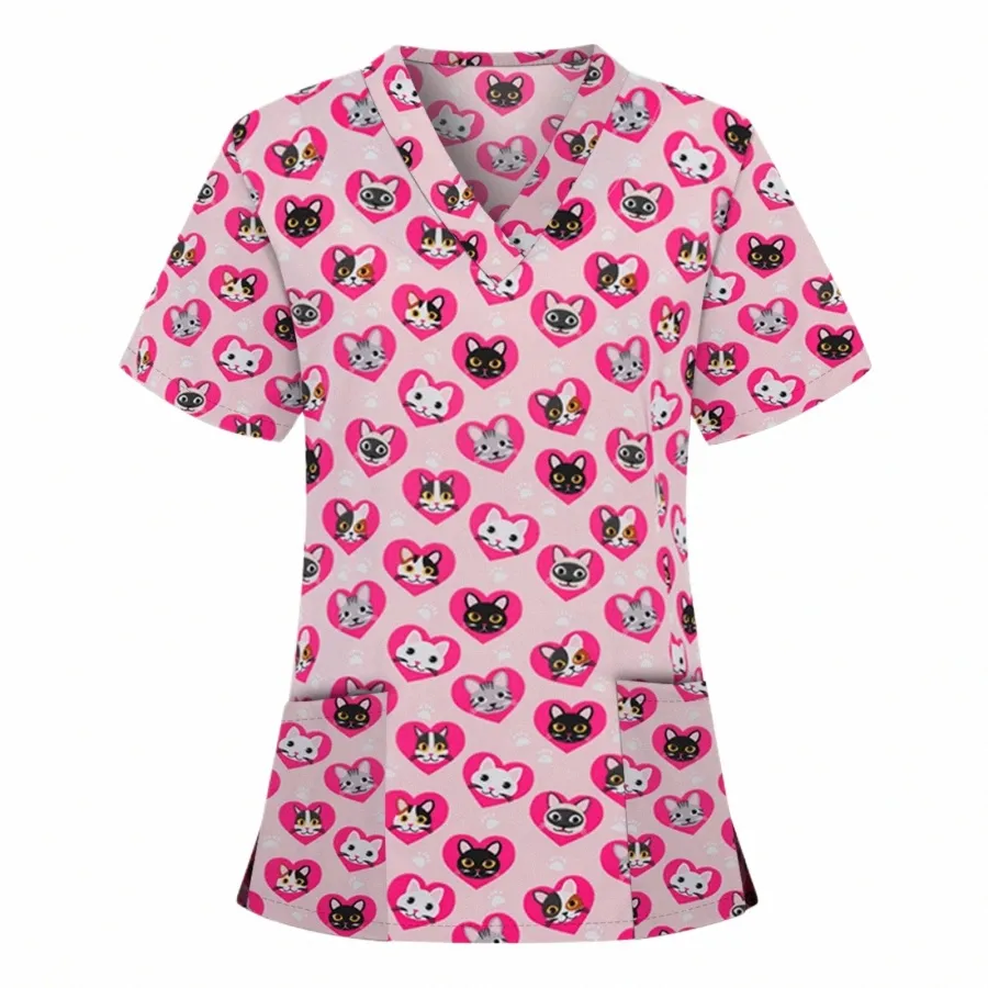 San Valentino Animal Print Uniformi mediche Donna Tasca Infermiera Uniforme Badante Top Manica corta Scollo a V Scrub Top Tunica sanitaria K8yC #