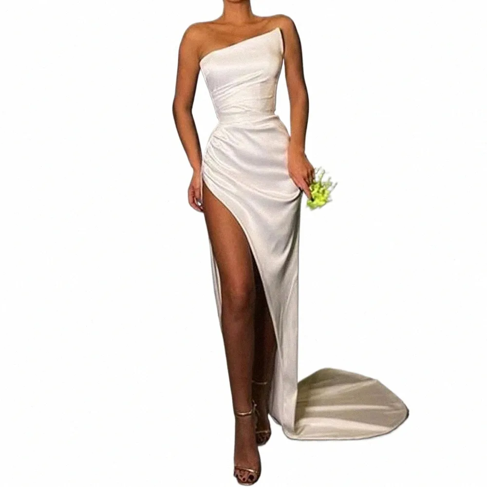 Elegant White Satin Maxi Evening Dress Ruched, High Slit, Stretchy,  Sleeveless, Asymmetrical Gown for Parties Formal Events