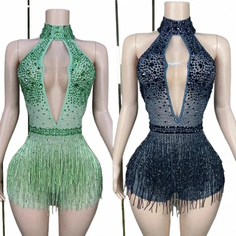 sexy Halter Pole Dance Outfit Black Rhinestes Fringed Bodysuit Women Nightclub Dj Ds Stage Rave Clothes XS7484 h7ao#