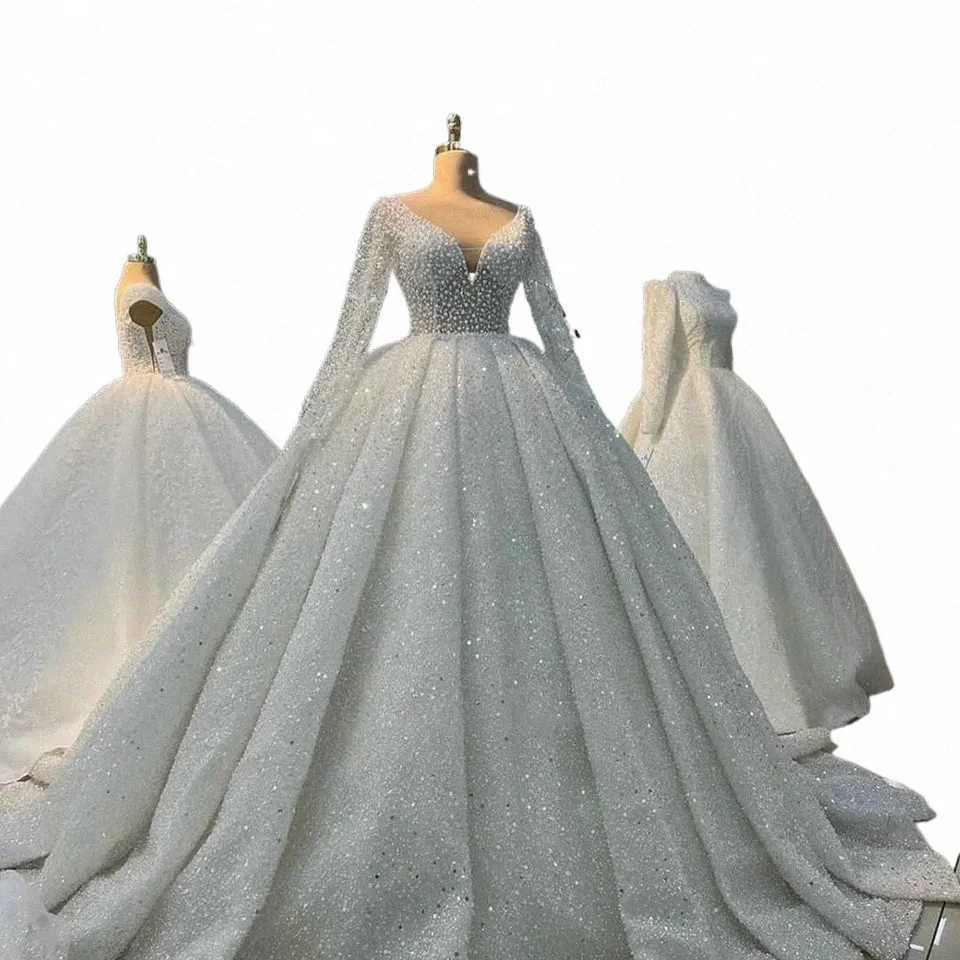 Luxe Baljurk V-hals Bruiloft Dres 2024 Arabische Dubai Tule Parels Kralen Illusi Lg Mouwen Bruid Jurken Vestido De Noiva N93y #