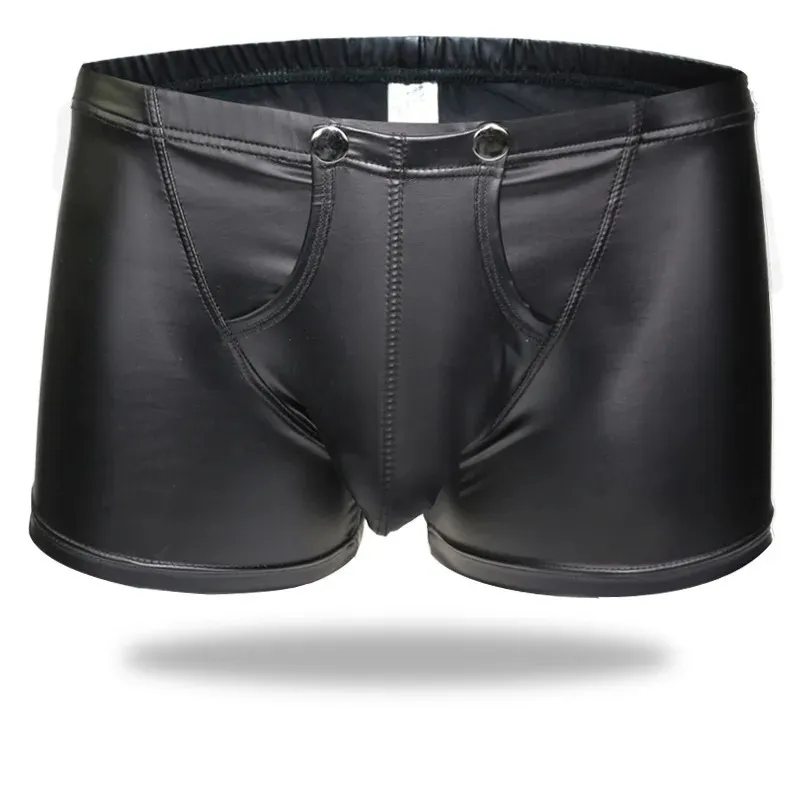 Plus Size Sexy Men Boxers Open Crotch Faux Lingerie Stage U Convex Pouch Black Patent Leather Boxers Shorts Underwear XXL 240328