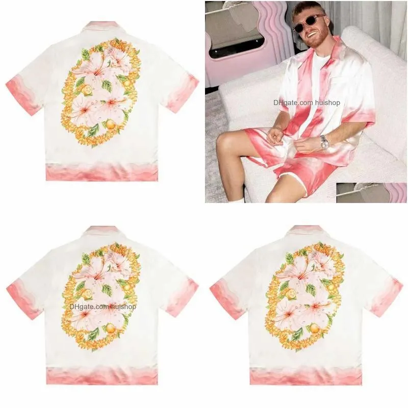 Mäns casual skjortor casa designer modeklädspår tappade satin casablanca stil skjorta rosa blommor löst fit mens kvinnor dhh6k