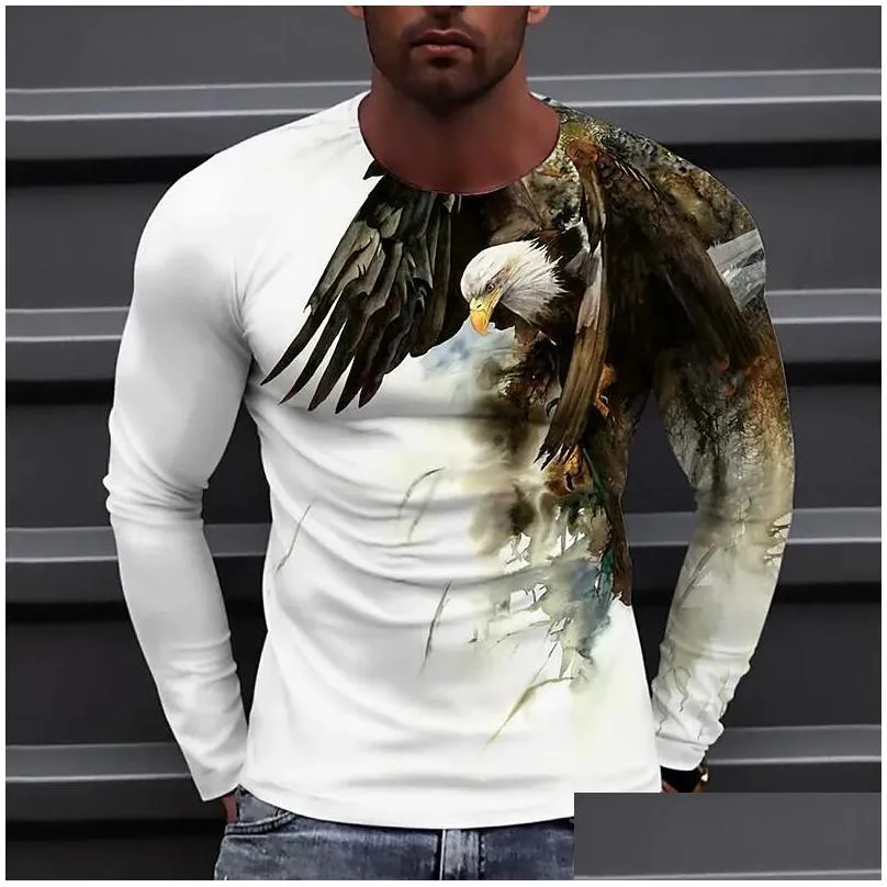 Men'S T-Shirts 4 Colors Eagle Print Mens T Shirts Street Trend 3D Printing Plus Size Long Sleeves Drop Delivery Apparel Clothing Tees Dhpe8