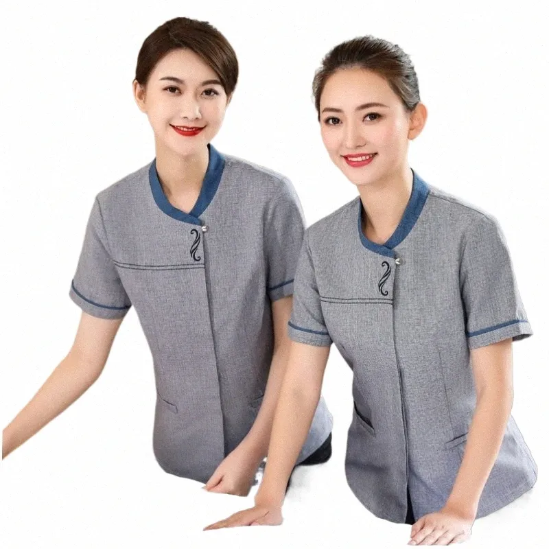 Quarto Garçom Roupas de Verão Hotel PA Serviço Uniforme de Manga Curta Workwear Propriedade Limpeza Feminina Un 47fM #