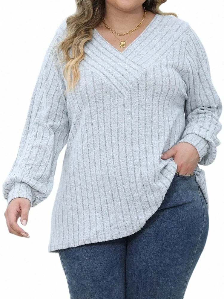 gibsie plus size lg hylsa t skjortor för kvinnor vår hösten fi v hals solid ribbed stickad casual tee tops kvinnliga 2023 kläder e56i#