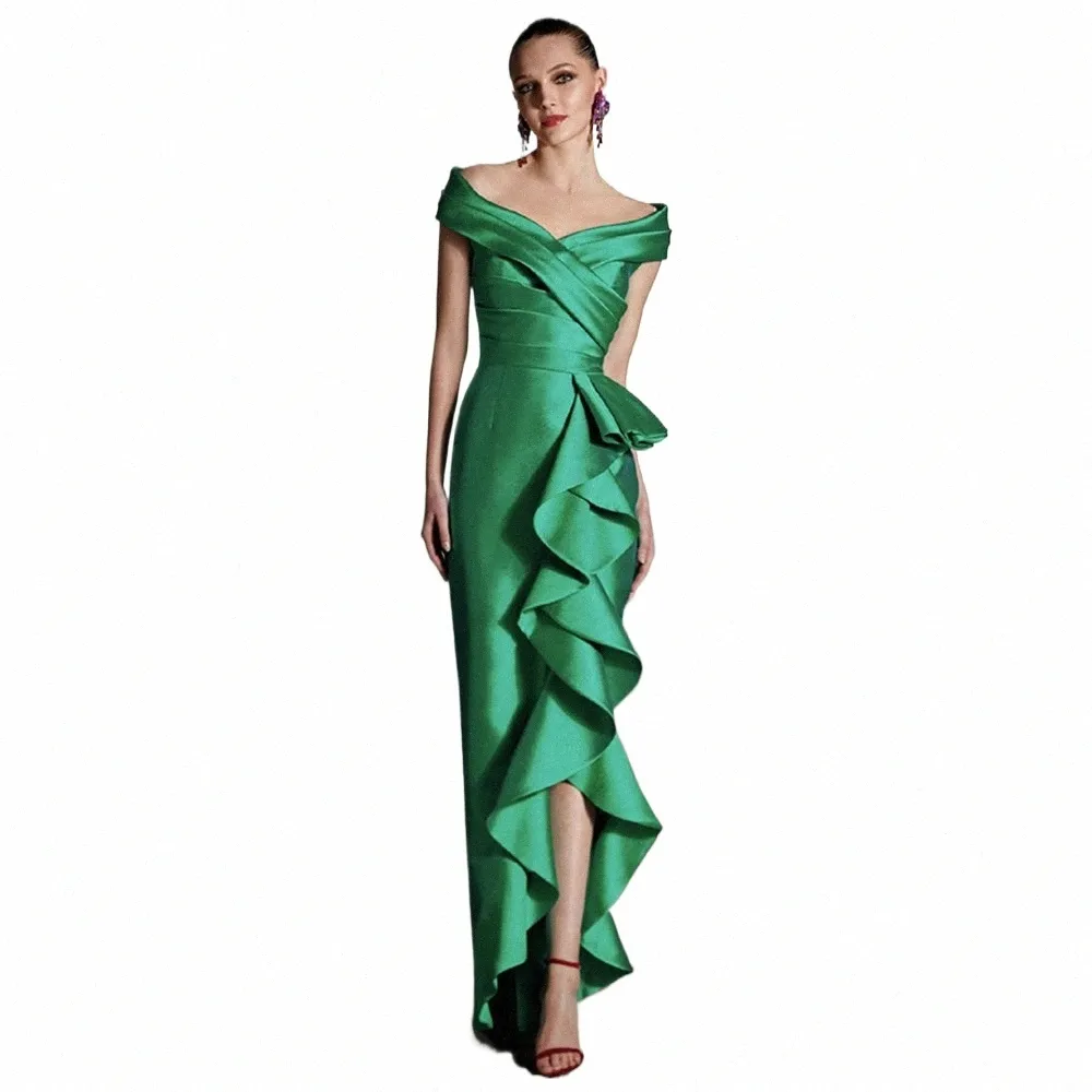 emerald Green Evening Dres for Wedding Off the Shoulder Mermaid Gowns Lg Ruffle V Neck Trumpet Formal Party Dr j4TR#