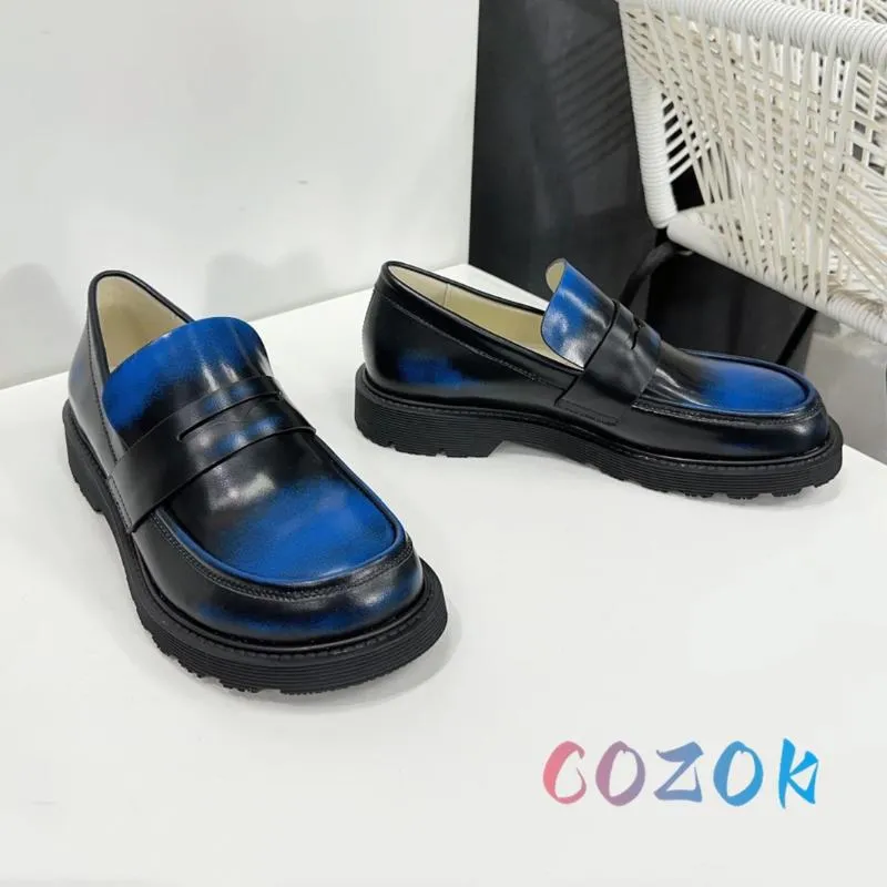 Chaussures décontractées rétro noir bleu frottis dégradé mocassins en cuir bout rond plat marche toutes saisons conduite pour femmes