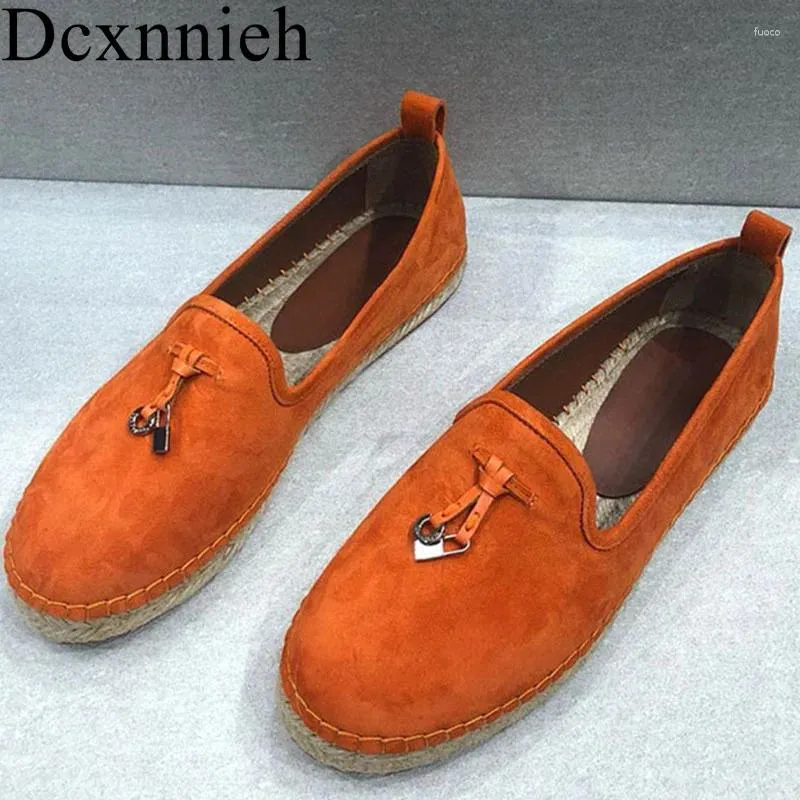 Casual Shoes Tassel Lock Buckle Decor Single Round Toe Cow Suede Flat Loafers Spring Autumn Soft Sole Comfort Walking Unisex