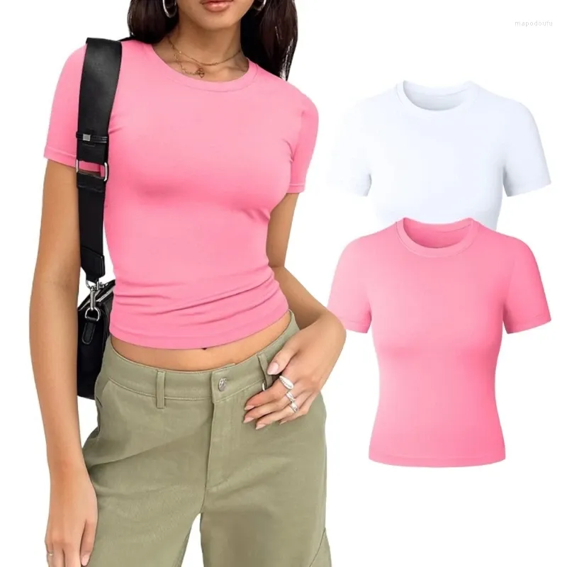 T-shirts pour femmes Femmes Summer Col rond à manches courtes T-shirt court de base Couleur unie Stretch Ajusté Pull serré Entraînement Crop Top