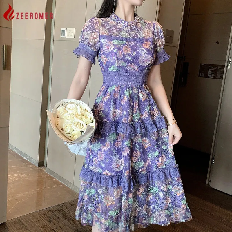 Summer Purple Lace Luxury Beading Embroidery Flower Dres HighEnd Elegant Temperament ONeck Stitching Mesh Midi Dress 240321