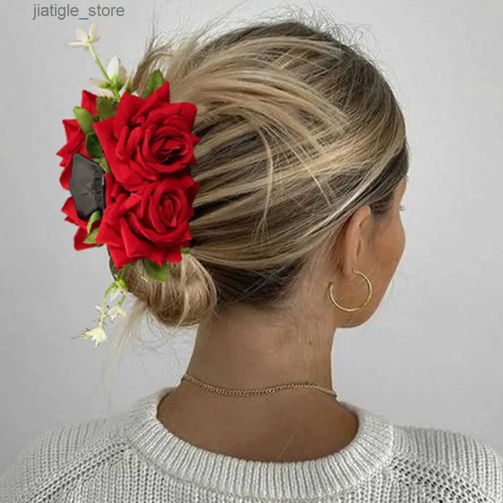 Hair Clips Wedding Red Hair Claw Women Festival Valentines Day Hairpin Crab Fashion Flowers Ponytail Hair Clip Hair Accessories Gifts Y240329