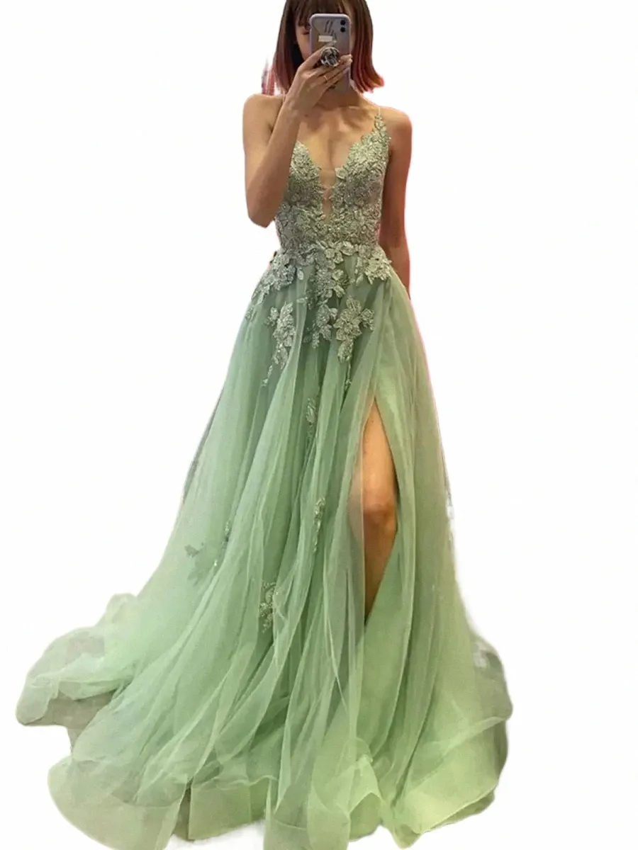 Elegant Green Lace Evening Dres 2024 V Neck Spaghetti Strap frt slit en linje formell parti prom klänning kvinnor special på 09gu#