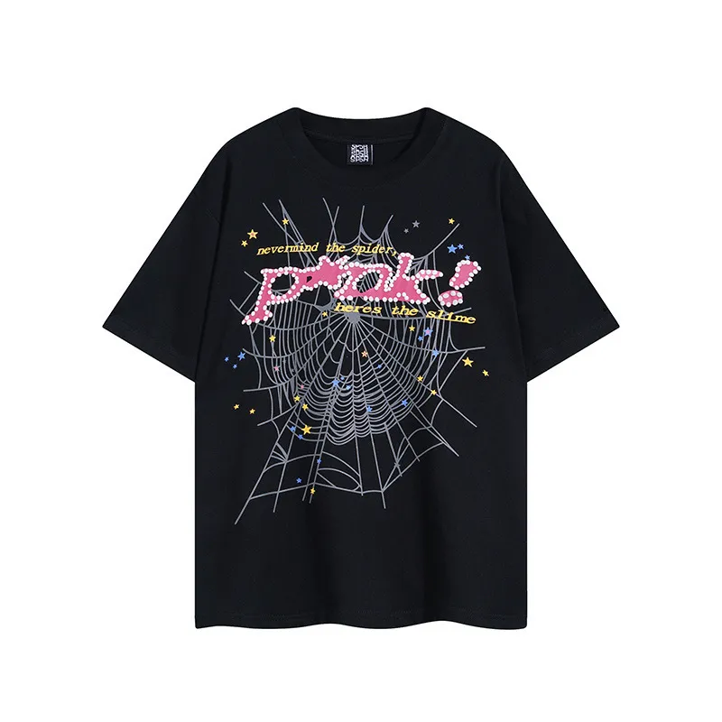 Men's and WoenのTシャツ歌手Youngthug Spider WebプリントルースカジュアルニッチトレンディカップルピュアコットンストリートトレンディTシャツ