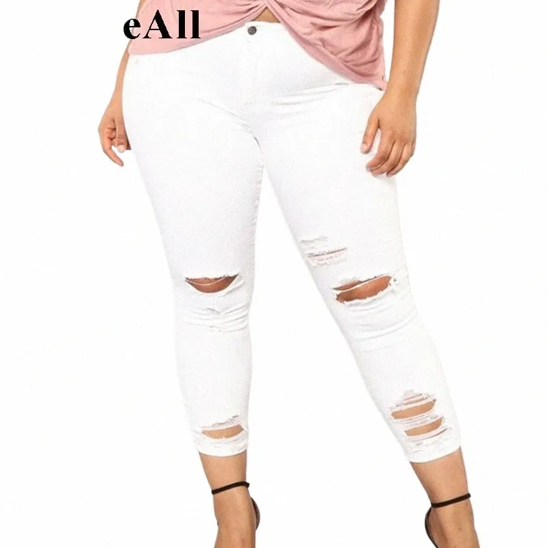 Plus Size Ripped Holes Blanc Skinny Capris Jeans Femmes 4XL 5XL Automne Distred Slim Casual Jeans Crayon Denim Pantalon Maman Jean L6zr #