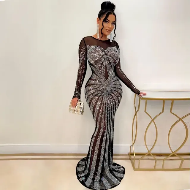 Elegant Womens Rhinestone Mermaid Dress - Sexy Mesh