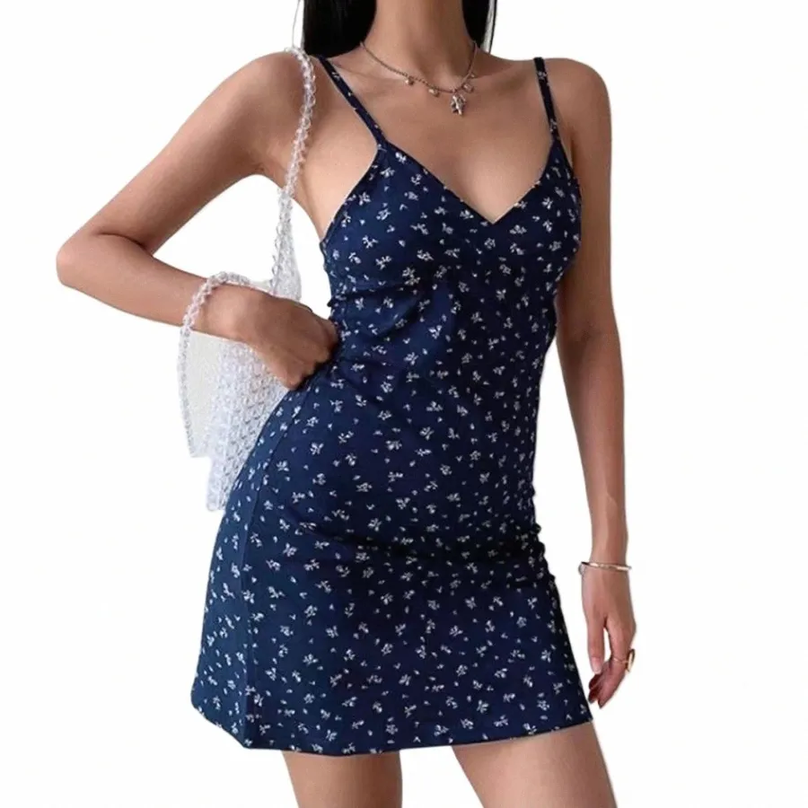 Kobiety Summer Fi retro w kwiatowy nadruk kantarki Dr Sexy V Neck Slim Short Dr Casual Sleevel Beach Mini Dres G1ad#