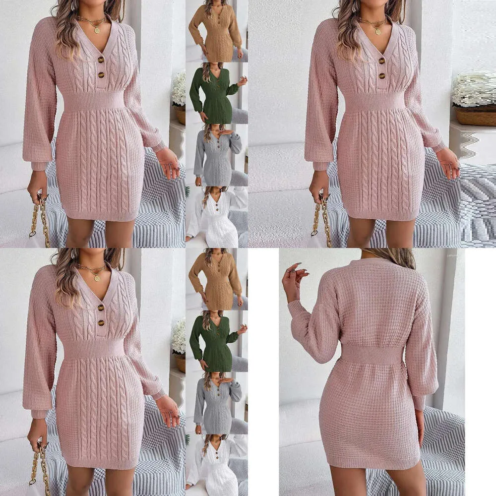 Casual Dresses Loose Knit Sweater Dress Autumn and Winter Women 'Button V-Neck Twists Full Lantern Sleeve Mini Hip Wrapped2024