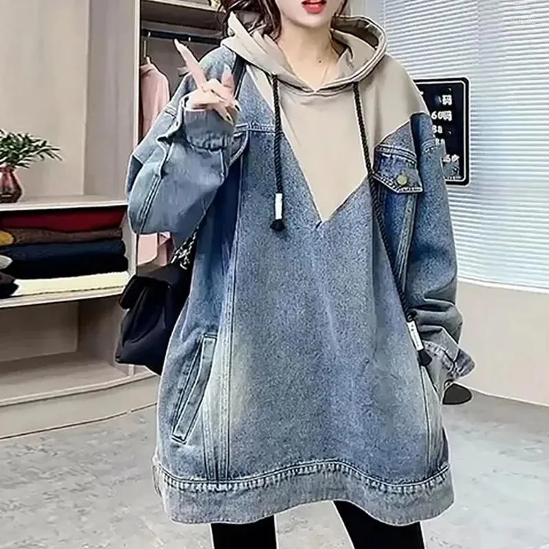 DHgate Denim Hoodies Women 2024 Patchwork Long Style Versatile Hooded Top Apparel